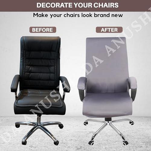 Image of Premium Elastic Boss Chair Cover with Armrest Covers | Stretchable Polyester Slipcover | 1-Seater Office Chair Protector | Fits Chair Back Height 71-76cm | Grey