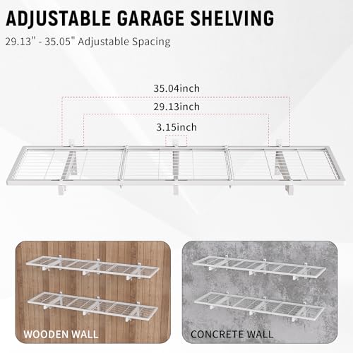 Image of 2 Pack Garage Wall Shelving, 46 inch x 12.5 inch Heavy Duty Storage Racks, Garage Shelves Wall Mounted with 8 Hooks, 320 LBS Capacity Floating Metal Shelf Organizer for Laundry Room, Basement, Workshop
