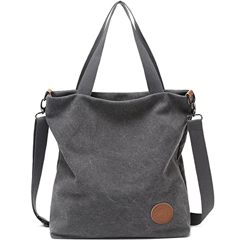 JANSBEN Damen Canvas Handtasche Schultertasche Casual Multifunktionale Umhängetaschen Groß für Arbeit Schule Shopper Lässige täglich (Grau)