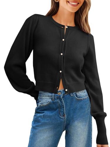 Saodimallsu Womens Cropped Cardigan Sweaters Crew Neck Button Down Long Puff Sleeve Loose Knit Fall Trendy Sweater Tops Black