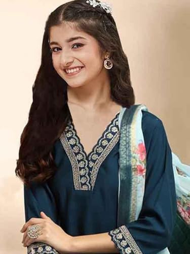 Image of Girls A-line Silk Embroidered Kurta and Pant Set with Dupatta for festive wedding and casual wear
