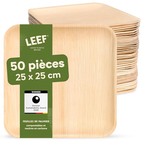 Leef® assiette jetable en palmier [50pcs | 25 cm] assiette barbecue comme décoration d'anniversaire [carré] assiettes plates alternative aux assiette plastique...