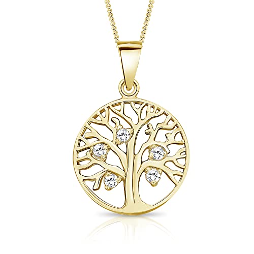 DTPsilver® Collana in Argento 925 Placcato in Oro Giallo - Ciondolo Albero della Vita con Zirconia Cubica - Catenina Larghezza: 1,2 mm - Lunghezza regolabile: da 40 a 45 cm