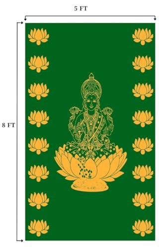 Image of Sri Yagnaa - Backdrop Cloth for Pooja Decoration Traditional - M 21 - Background Curtain Cloth for Festival Decoration (5x8 Ft) (Green Lakshmi Devi Backdrop)