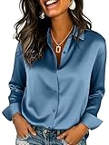 JMITHA Womens Fashion Satin Silk Blouse Casual V Neck Long Sleeve Button Up Shirt Classy Outfits for 2024 ((Large, Air Force Blue)