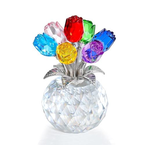 Colorful Rose Flower Crystal Figurines with Vase, Bouquet Flowers Ornament