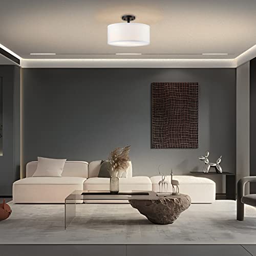 Leading Lighting 18" 3 Light Off White Fabric Drum Shade Semi Flush Mount Ceiling Light Black Finish, Chandeliers Shade For Bar, Dining Room, Corridor,Living Room #TOP4