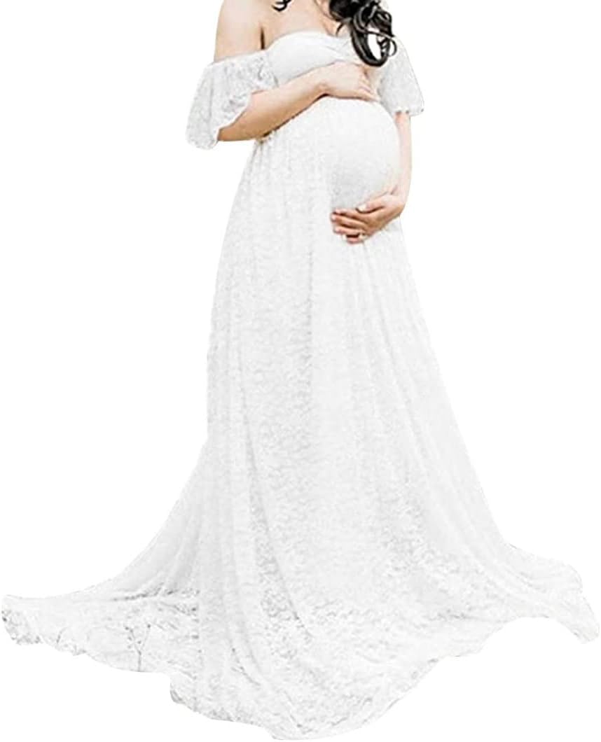 Maternity Photography Dress Lace Fancy Pregnancy Gown Off Shoulder Floral for Pregnant White 2XL, Nightdresses & Nightshirts