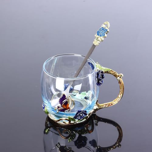 LJYING Handmade Enamel Butterfly & Rose Flower Glass Coffee Mugs Tea Cup with Spoon 320ml Birthday Gifts for Friends Women Wife Mum Teacher Sister (Blue)
