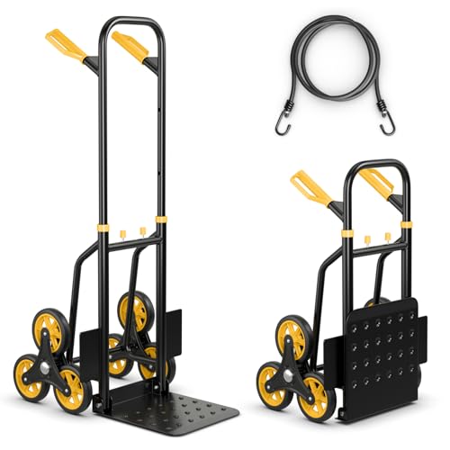 Goplus Stair Climbing Dolly, Folding Height Adjustable Hand Cart w/Elastic Rope, 350LBS Capacity, 6 Rubber Wheels, 12”x11.5” Nose Plate, 2-in-1 Heavy Duty Stair Climber Hand Truck for Moving Shopping