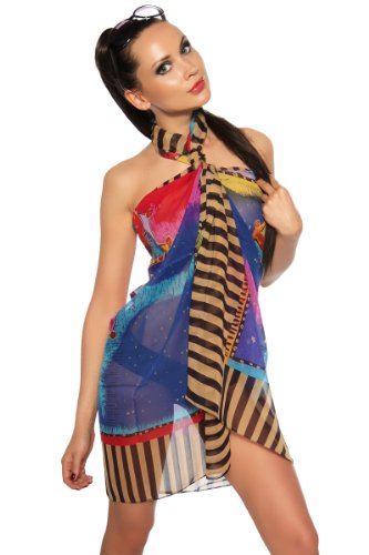 jowiha's Luftiges Sarong Tuch Strandkleid aus Chiffon auf Verschiedene Arten zu tragen (Blau/Gelb) Cover