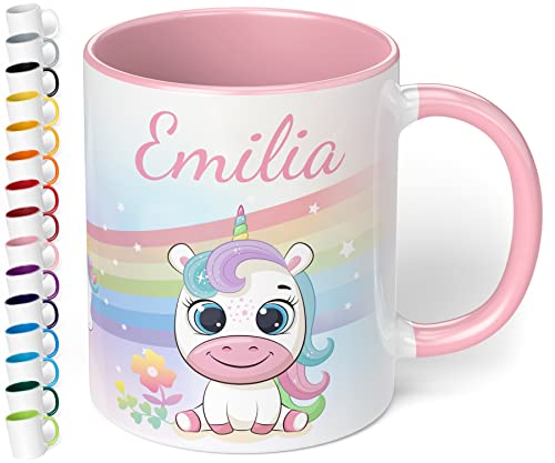 Kinder-Tasse mit Namen „Einhorn mit Regenbogen-Motiv“ - personalisierte Namenstasse für Jungen und Mädchen - rundum bedruckt - schönes Geschenk zu Weihnachten, Geburtstag (Rosa) Cover