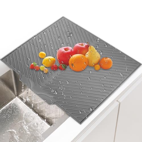 Silicona Alfombrilla Escurreplatos con Salida de Drenaje, 42,5 x 31,5 cm Alfombrilla Escurreplatos en Forma de V Diseño, Bandeja Silicona de Drenaje, Gris Diseño Antideslizante para Cocina Universa