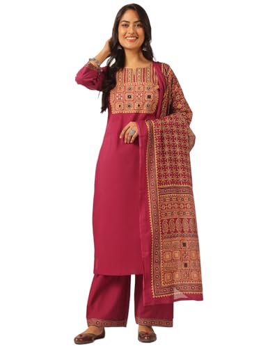 Image of Vbuyz Women Ajrakh With Yoke design Cotton Straight Kurta Set With Dupatta