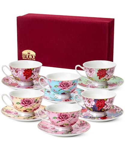 Floral Tea Cups and Saucers with Gift Box, 8oz, Tea Cups Set of 6, Cup & Saucer Sets