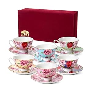 Brew To A Tea Floral Tea Cup Set of 6, 8oz, Porcelain, Tea Cups with Saucers, Gift Boxed