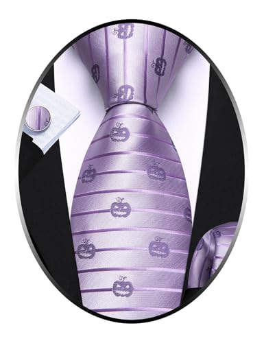 Image of Barry.Wang Man Tie Sets Pumpkin Extra Long Necktie Silk Woven Handkerchief Cufflinks Festival Party Gift Lilac