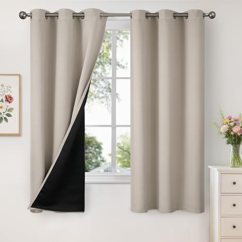 Image of YoungsTex Camel 100% Blackout Curtains 63 Inches Length for Bedroom, Short Thermal Insulated Window Drapes with Grommet Energy Saving Darkening for Living Room, 2 Panels, 42 X 63 Inch