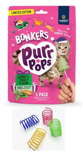 Bonkers Purrpops Limited Edition Christmas Themed Chicken Flavor Freeze-Dried Licks Cat Treats Catnip & Turkey Flavor - 1 Pack of 5 Units with Cat Spring Toys