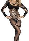 Hot Spot Sexy Women's Long Sleeve Sheer Jacquard Bodystocking Sleepwear Lingerie Black