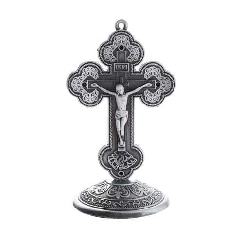 KOMI Crucifix Cross Metal Statue for Car, Car Dashboard Decorations Bless Driving Safety Gift for New and Old Driver, Christian Catholic Figurines, Religious Gifts Home Office Table Decor