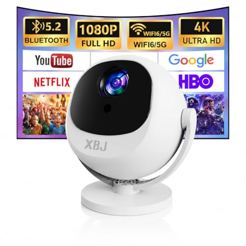 XBJ Mini Projector with WiFi 6 & Bluetooth 6.0 1080P Full HD 4K Supported Portable Projector Auto Keystone Correction 360 Rotatable Home Cinema Projector for Bedroom & Outdoor Use