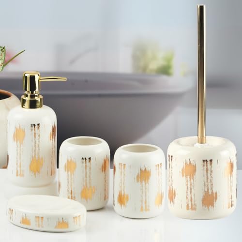 Image of SaSaSa Set of 5 Ceramic Bathroom Accessories Set Modern Bath Set with Soap Dispenser, Toothbrush Holder & Toilet Brush - Luxury Home & Gift Idea (11649)