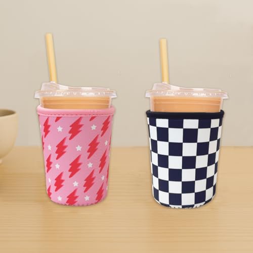 Image of Reusable Insulated Neoprene Iced Coffee Cup Sleeve, Durable Drink Sleeve for Cold Beverages, Beverage Holder for Iced Coffee (Checker Grid)