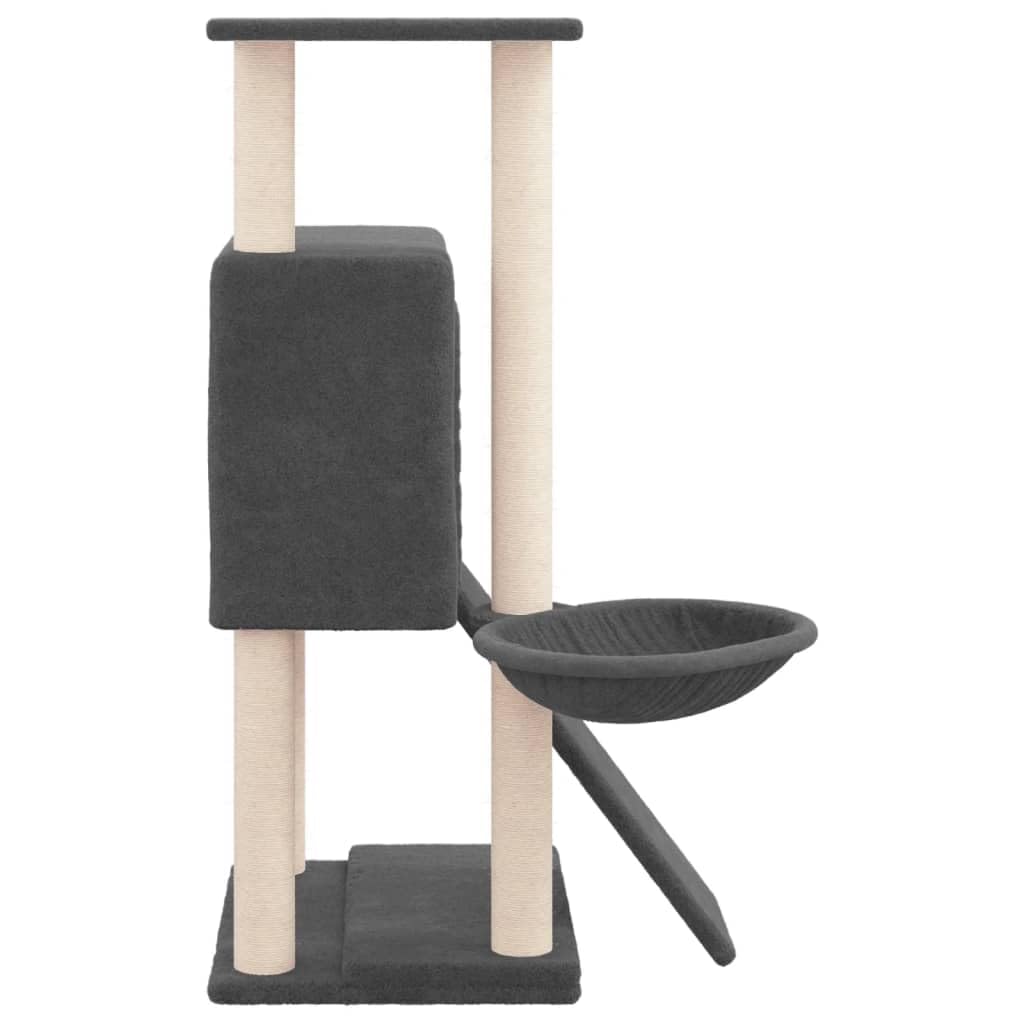 Tiragraffi per gatti con colonne in sisal, grigio scuro, 96 cm, albero da arrampicata con grotta, amaca, piattaforma e torre da gioco per interni, peluche e legno