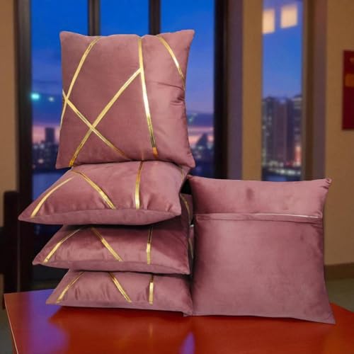 Image of Zikrak Besur Gold Stripe On Velvet|Pack of 5 Cushion Cover|for Home Decoration|Living Room Decor|Hotel Premeuim Qulaity Cushion Cover|Exclusive ON Amazon (Dusty-Pink, 20 X 20 INCH(50 X 50 CM))