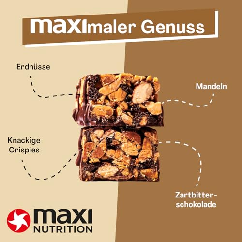 MaxiNutrition Dark Chocolate Peanut Nussriegel vegan 12x46g – Protein Riegel aus ganzen Nüssen mit 22% Protein, plant based, ohne Zuckerzusatz, ohne künstliche Aromen