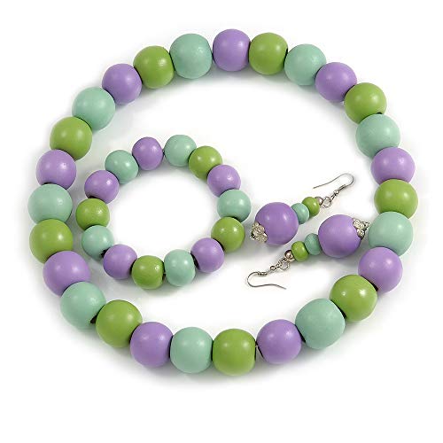 Collar, pulsera y pendientes de madera morada y verde para un look boho chic alegre