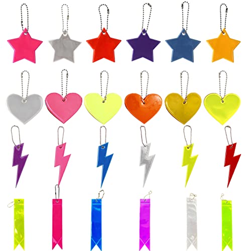 XSHAO 24 Pièces Porte-clés Réflecteur, 4 Styles Pendentif Réfléchissant avec Chaînes pour Sacs D'école, Sacs à Dos, Poussettes, Sports de Plein Air Nocturnes et Promenade de Chien (10 Couleurs) Cover