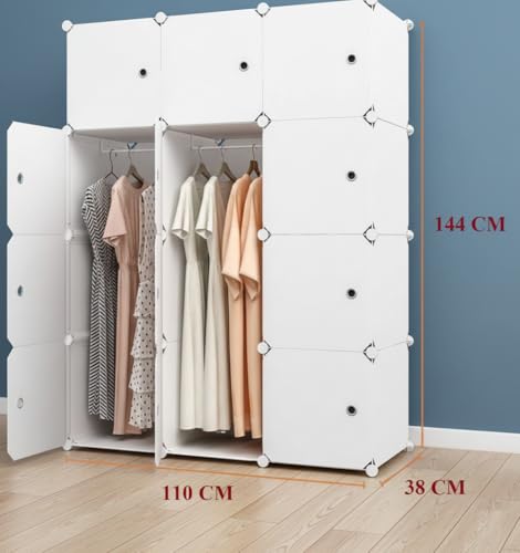 Image of KRISHYAM Kids Modular Storage Cabinet with White Doors,12 Cube Plastic Wardrobe Organizer, DIY Closet System with Hanging Rod, Toy & Clothes Storage (White, 12 Box)