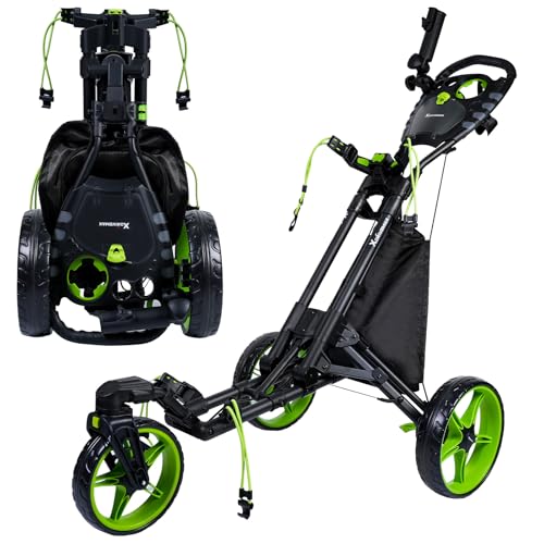 Image of XDriveMax GC03 360 Rotating 3 Wheel Foldable Golf Pull Cart for Golf Clubs,Carries Umbrella Stand and Premium Storage - Green Pack