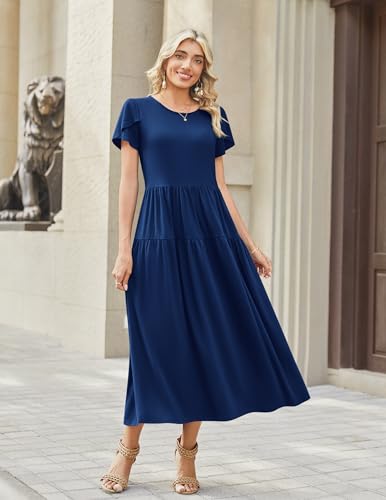 Image of Zeagoo Summer Dresses for Women 2026 Maxi Bohemian Floral Short Sleeve Long Dress Casual Flowy Tired Beach Sundress