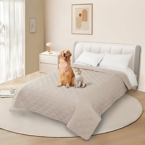 DUJUIKE Copridivano 100% impermeabile per cani, coperta per animali domestici, protezione per mobili per bambini e animali domestici, con fondo antiscivolo, per 3 posti (crema, 208 x 208 cm