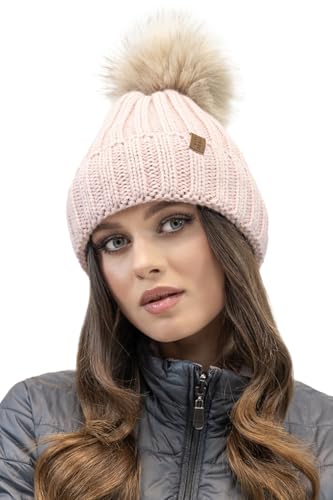 VIVISENCE Winter Damen Mütze Mit Bommel Perfekte Passform Warmes Bommelmütze Weichem Warmem Garn Mit Antistatischem Fleecefutter Ideal Für Herbst Und Winter Modell 70100, Pink,Einheitsgröße