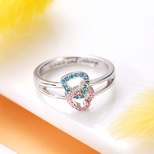 Getname Necklace Promise Ring Double Heart Personalized Birthstone Engraved Inside - Ladies Split Shank Heart Love Ring for Women Sterling Silver