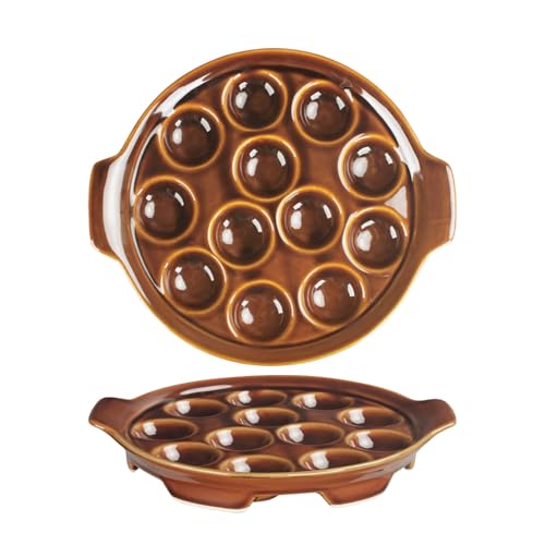jinsongdafa Two-piece ceramic escargot baking pan set with 12 holes and a handle; 9.3-inch seafood baking pan, escargot baking pan, suitable for baking appetizers, escargots, scallops, etc.