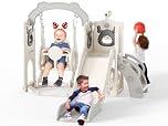 Krovtoy 6 in 1 Toddler Playground, Christmas Elk Theme Slide with Swing Set, Baby Slide for Toddlers 1-3 Years Old (Beige and Grey)