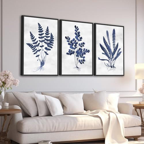 Large Framed Botanical Wall Art - Navy Blue Leaf Wall Decor 20"x28" Set of 3 Minimalist Wall Art Prints Vintage Plant Painting Rustic Fern Canvas Pictures for Living Room Bedroom Office Artwork