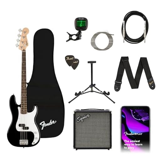 Fender Squier Electric Precision Bass Beginner Starter Pack, Black, Laurel Fingerboard, Includes Rumble 15 Amplifier, Padded Gig Bag, Cable, Strap, and More