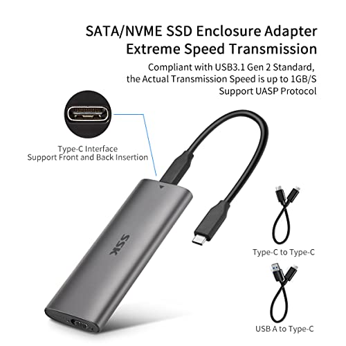 Ssk Aluminum M.2 To Usb Nvme Sata Ssd Enclosure Reader, Tool-Free Usb 3.2 Gen 2 10Gbps Nvme Pci-E 6Gbps Sata M-Key / B+M Key Solid State Drive External Adapter With Uasp Trim, For Ssds 2242 2260 2280 #TOP2
