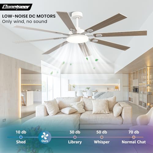 Image of 72 Inch Ceiling Fans with Lights and Remote, Dual Color 8 Blades, Bedroom Living Room Office Library Cafe Outdoor Industrial, 3CCT Dimmable, 6 Speed Reversible Quiet DC Motor, White /Wood Grain