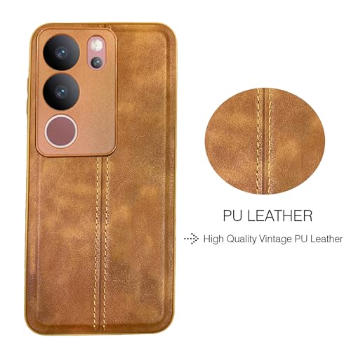Image of A rtistque Premium Thread Leather Back Cover Case for Vivo V29 Pro | Drop Protection | Smooth Grip | Raised Camera Edges - Brown