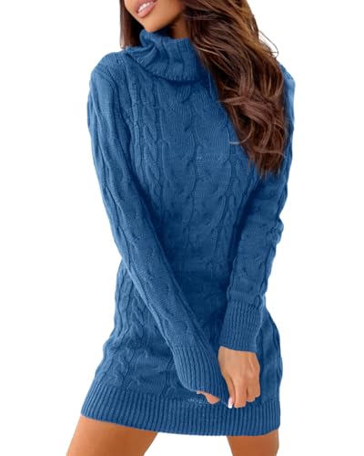 Image of Langwyqu Womens Cable Knit Long Sleeve Turtleneck Bodycon Sweater Dress