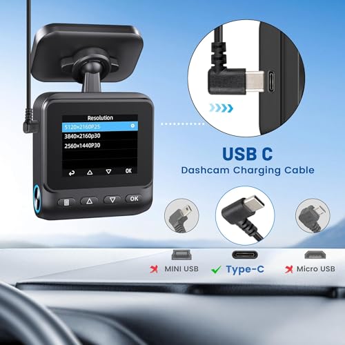 EWAY USB C Dash Cam Power Cord (13FT/4M), 90 Degree USB-A 2.0 to Type-C Cable REQUIRES 2.5A Input - USBC Replacement Power Supply for Front Rear View Mirror Dashcam Dashboard Recorder Recording Camera