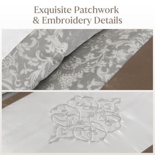 Image of CozyDH Queen Comforter Set Silver Gray - 7 Piece Luxury Jacquard Damask Bed in a Bag, Elegant Embroidery Modern Silk White Patchwork, All Season Down Alternative Bedding with Skirt, Shams, Pillows