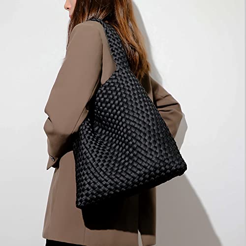 Fashion Woven Purse For Women Top-Handle Shoulder Bag Neoprene Hobo Tote Retro Wrist Bag Travel Handbag Work Shopping Daily (Black) #TOP4